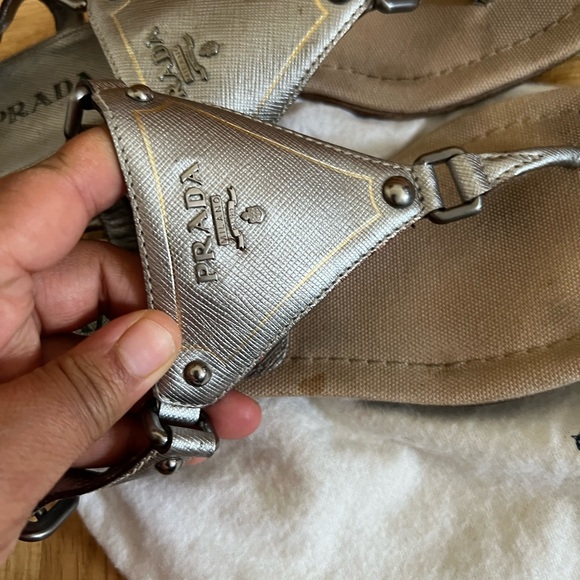 Prada Logo Plaque Metallic Leather Ankle-Strap Thong Sandals Size 7.5 US - Picture 5 of 8